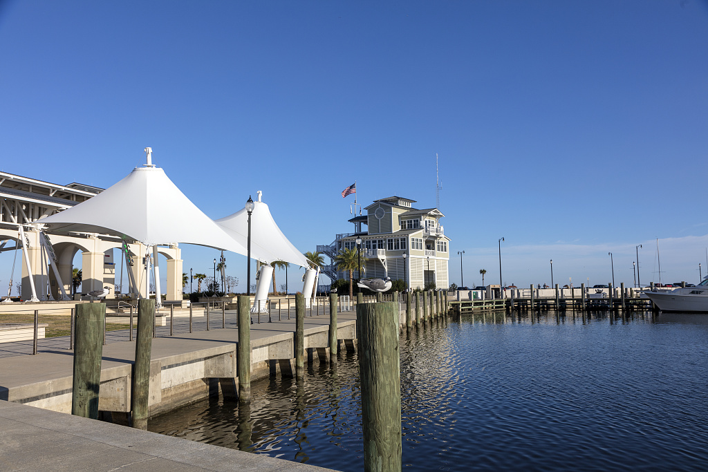 Docks and marina buildings on the Gulfport waterfront, Mississippi.